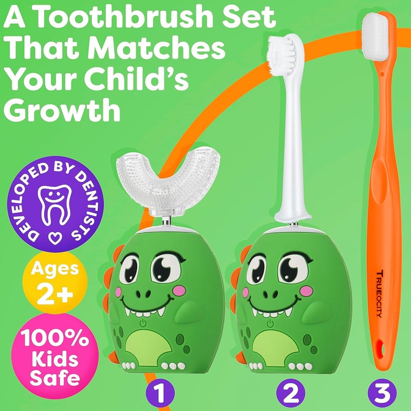 Trueocity Kids U Shape Toothbrush Auto Electric Toddler Rechargeable Kids Automatic Toothbrush | 360° U-Shaped Silicone Brush Head | Gentle Cleaning for Ages 2–7 | Dinosaur Design (Green) - Image 2